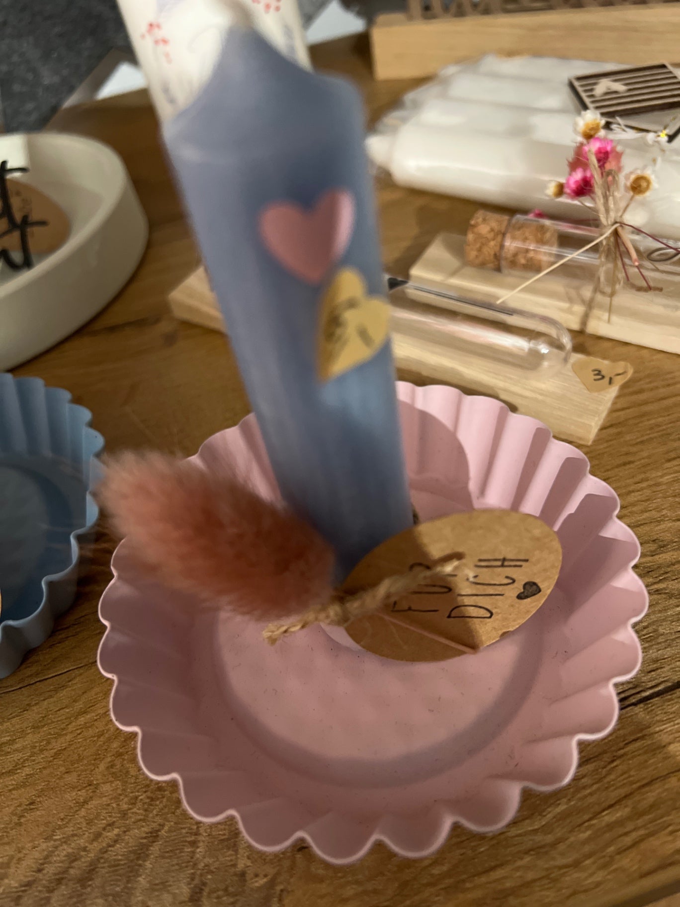 Kerzenhalter metall "Für Dich" rosa oder blau mit kleiner Kerze & Trockenblumen