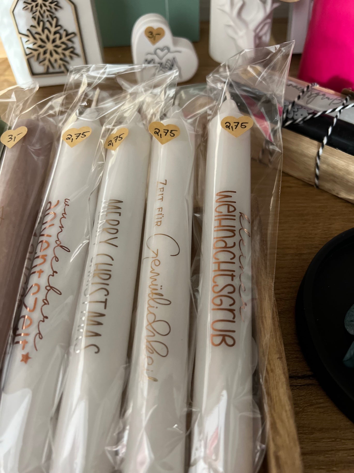 Stabkerze weiß lang Schrift metallic rosegold, gold o. silber