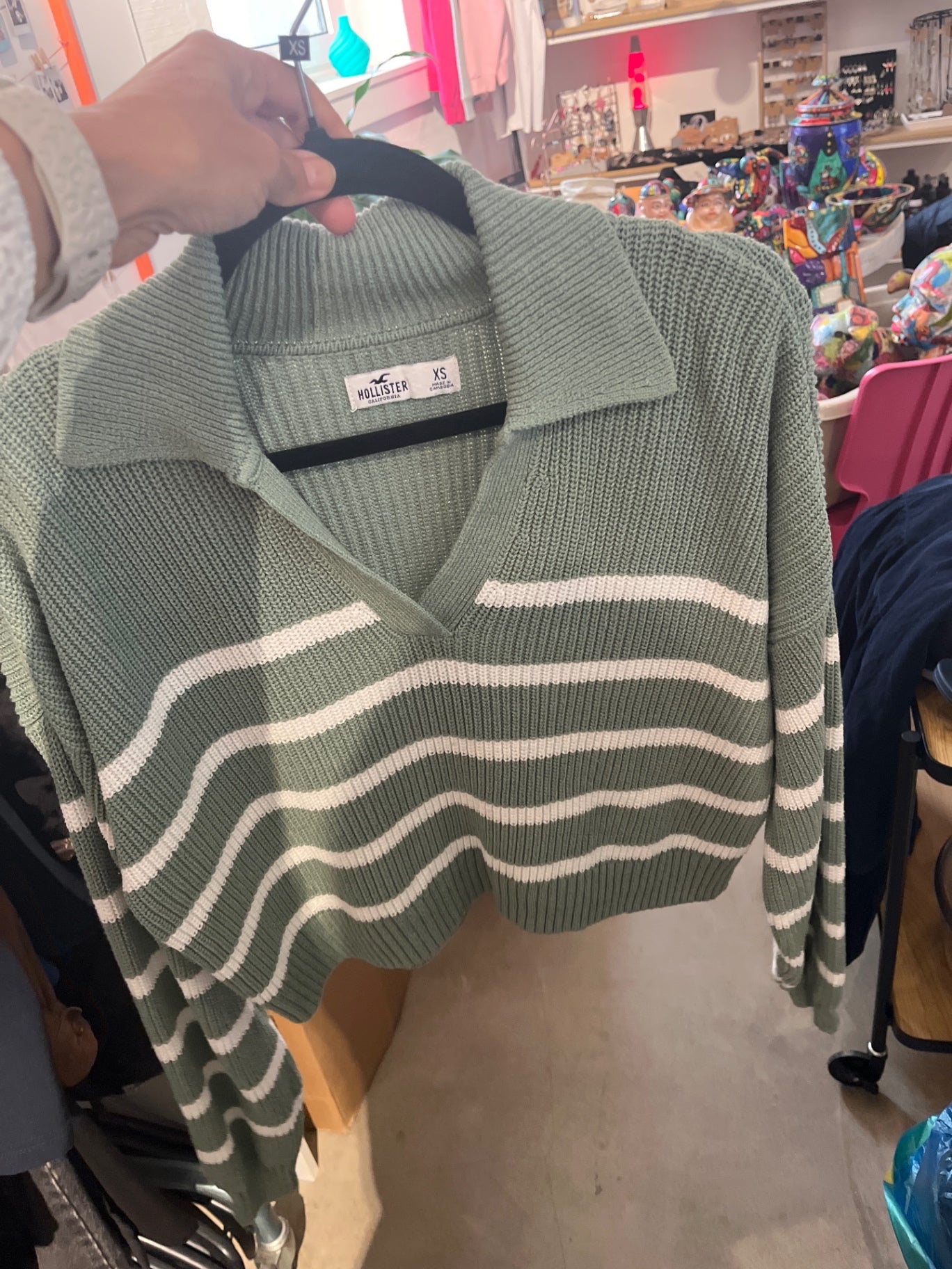 Hollister Pullover Grün und Weiß Gr.: XS