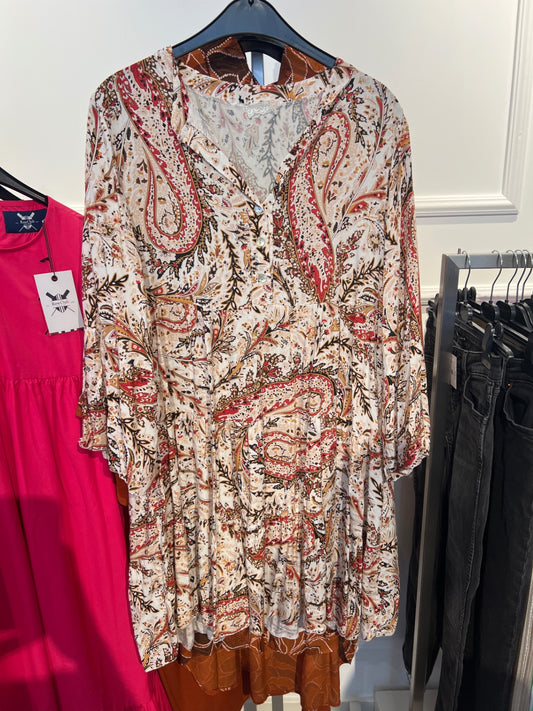 Bluse/Kleid Mehrfarbig (Weiß mit Rot, Braun und Schwarz)