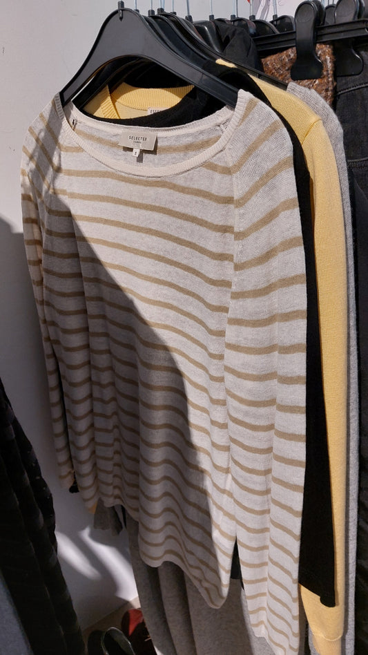 Selected Langarmshirt Beige und Weiß gestreift mit 70% Leinen