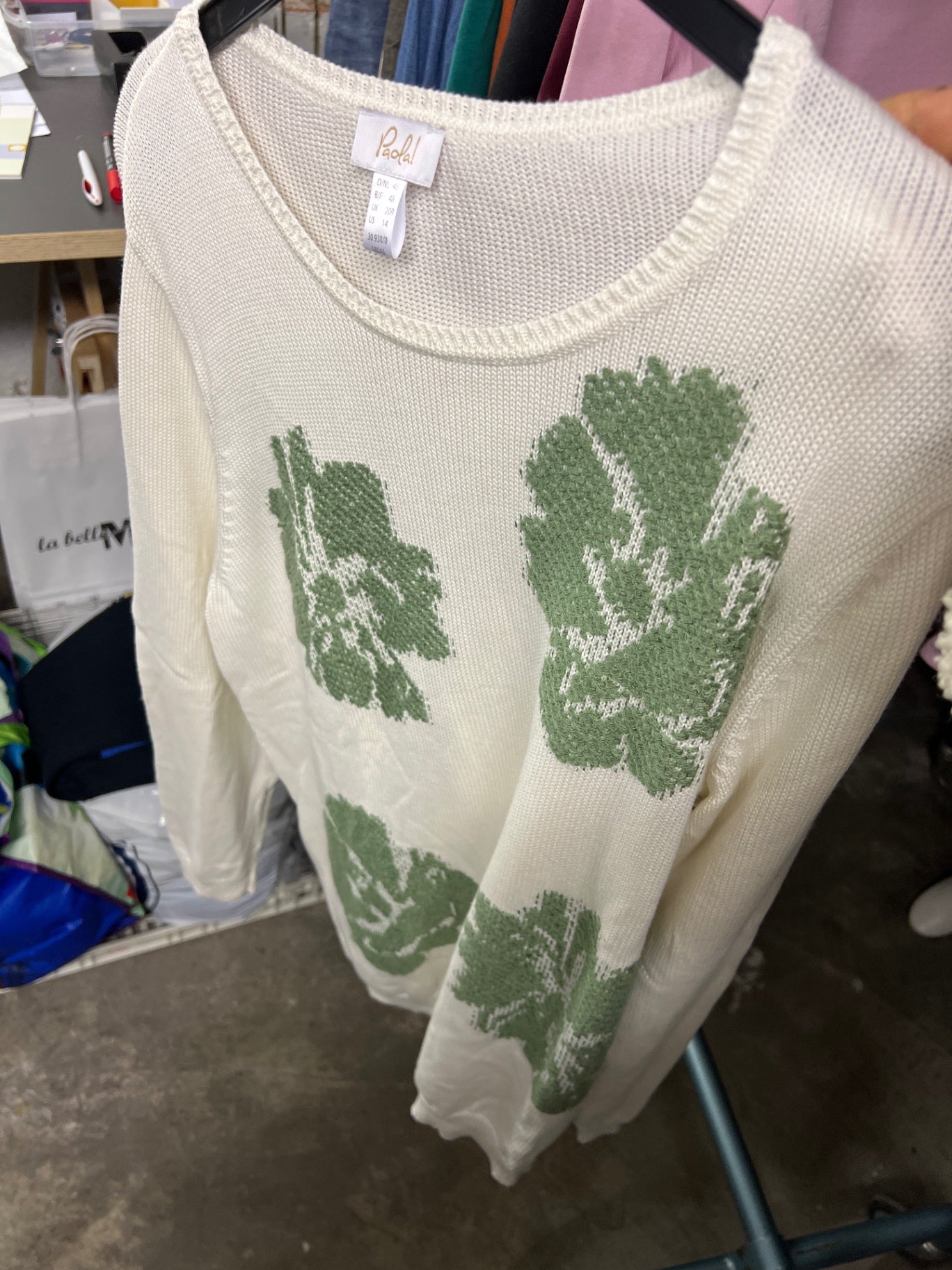 Paola Pullover Weiß mit grünen Mustern