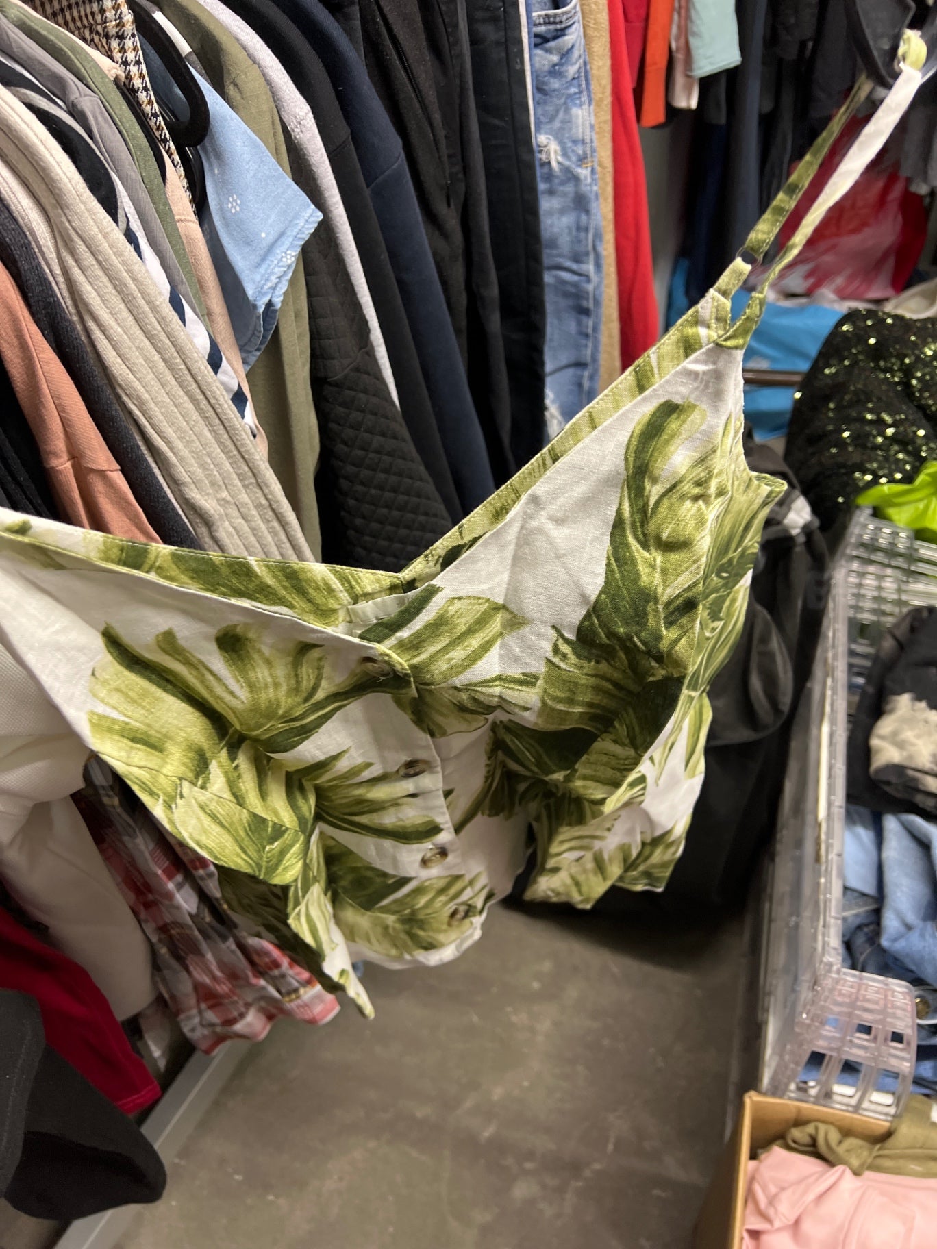H&M Leinen Top Weiß mit grünen Blättern Größe: S