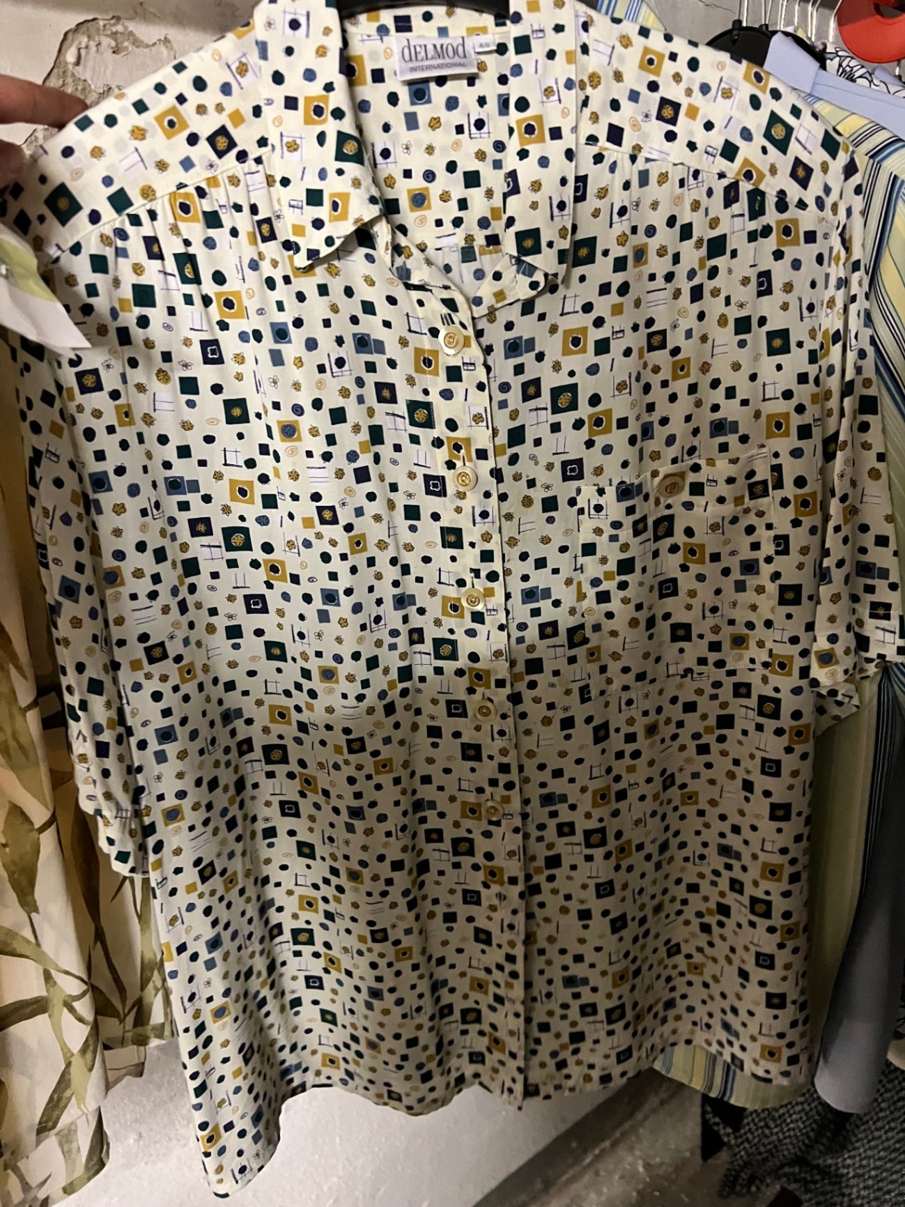 AS Vintage Bluse Weiß, Blau, Gelb Gr.: 48