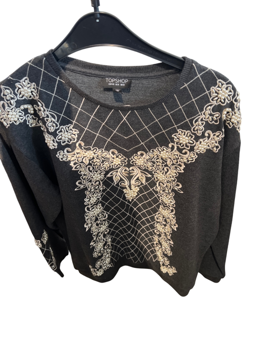 TOPSHOP Pullover Grau Stickereien Gr.: L