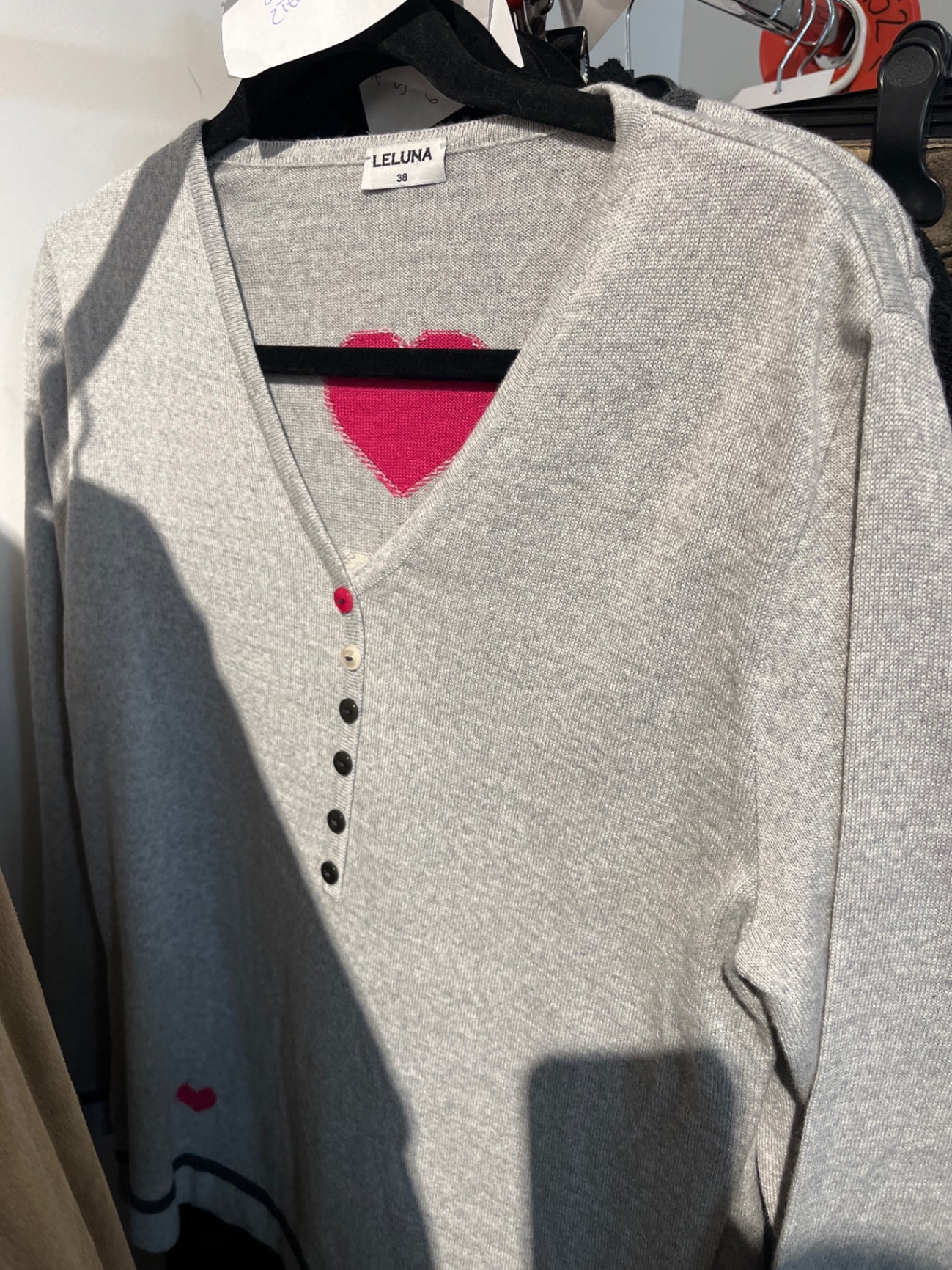 Merinowolle Leluna Pulli Grau pink Gr.: 38