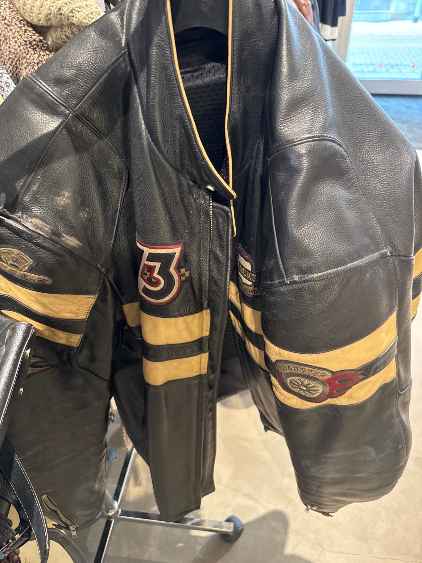 Motorrad-Lederjacke Schwarz und Gelb Gr.: XXL