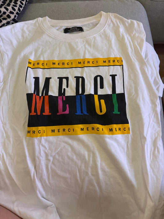 Bershka T-Shirt Weiß Aufdruck Bunt Gr.: XS