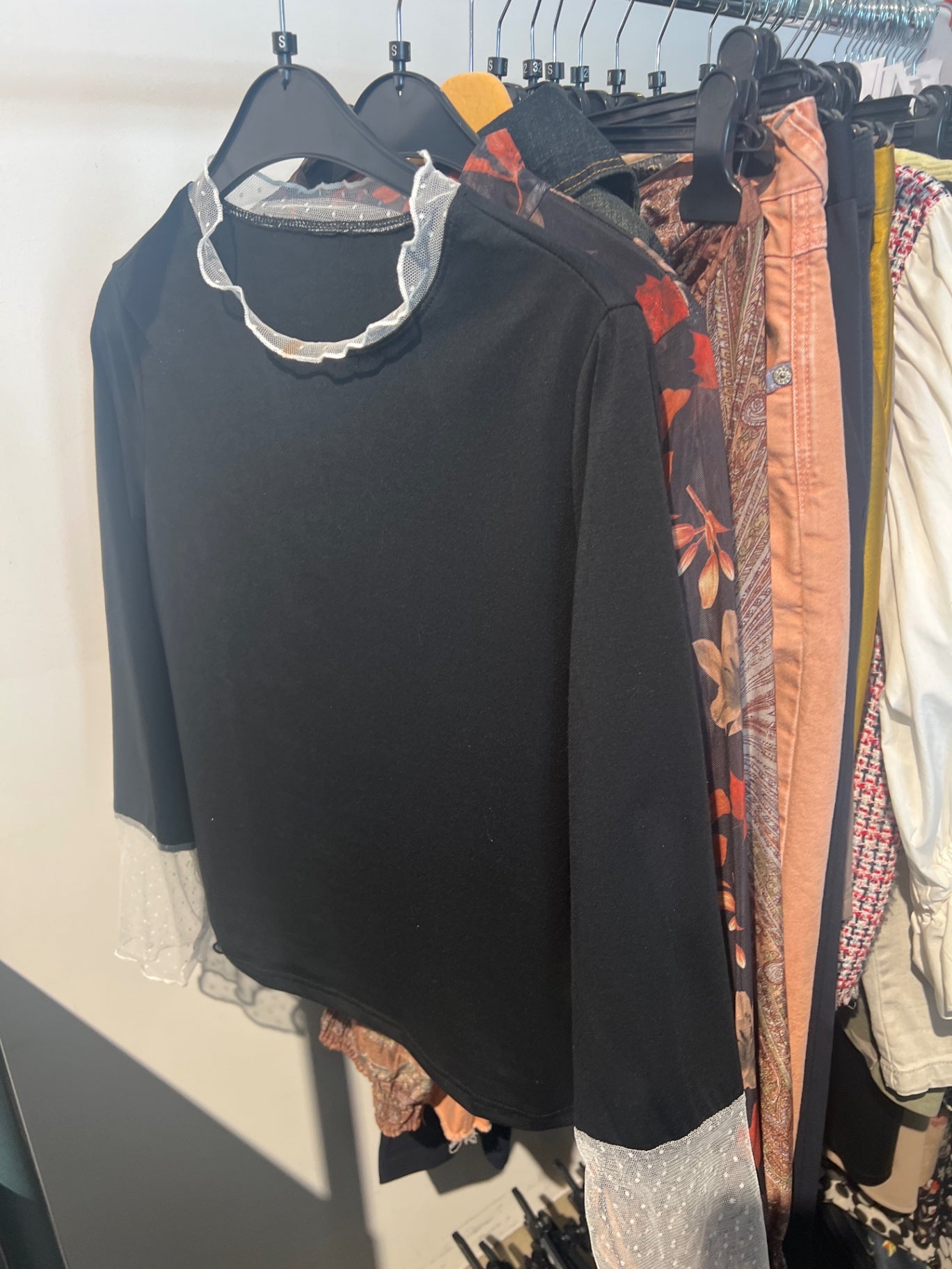 Langarmshirt mit Spitze Schwarz Gr.: S
